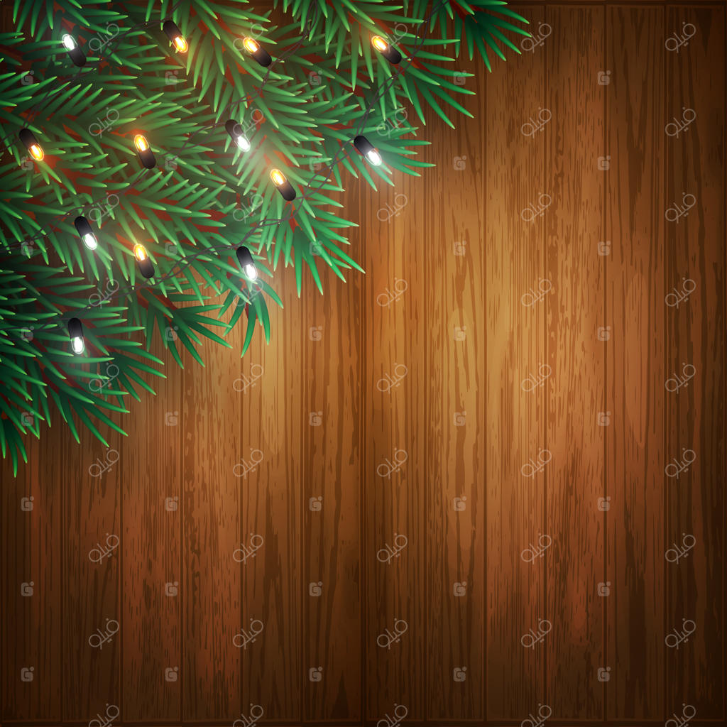 زمینه کریسمس با شاخه‌های درخت کاج و چراغ‌های رنگارنگ روی چوب