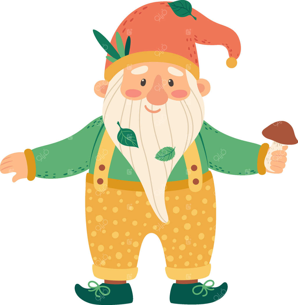 کوتوله‌ باغ شاد با ریش بلند سفید، تزئین شده با برگ‌های پاییزی، در حال نگه‌داشتن قارچ رنگارنگ و جذابیت جادویی پاییز و فولکلور را به تصویر می‌کشد.