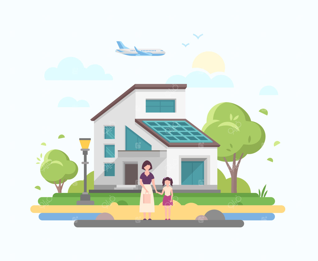 خانه دوست‌داشتنی - تصویرسازی وکتور به سبک طراحی فلت مدرن در پس‌زمینه آبی. ترکیبی از یک ساختمان کوچک کم‌ارتفاع، مادر و دختر، فانوس، درختان، هواپیما، ابرها و خورشید.