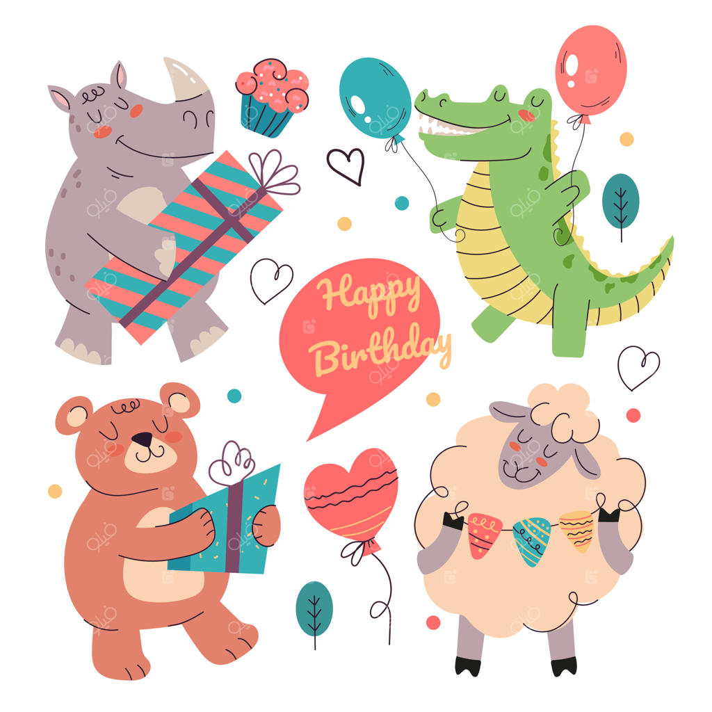 حیوانات کارتونی شاد با جعبه کادو و تزئینات، تولدت مبارک را تبریک می‌گویند