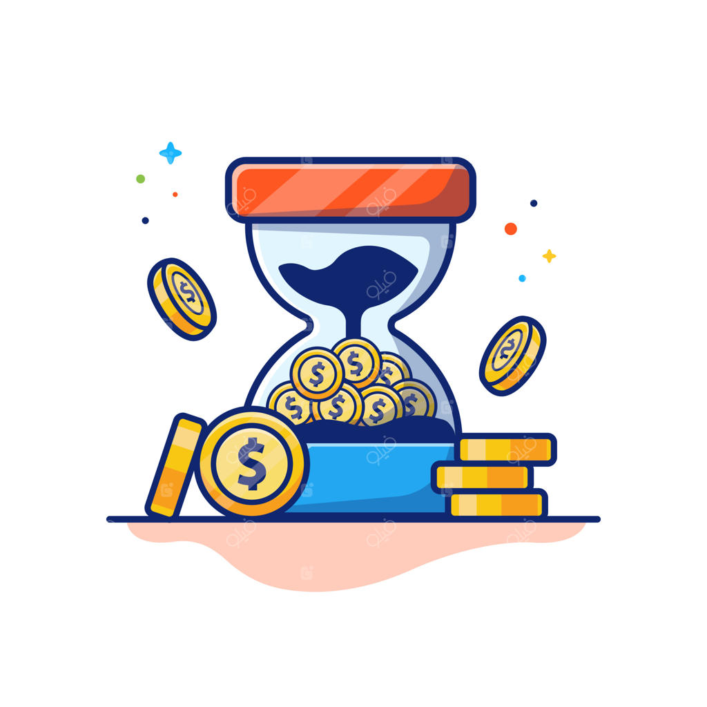 وکتور آیکون کارتونی ساعت شنی و سکه طلا، مفهوم کسب‌وکار و امور مالی با سبک تخت