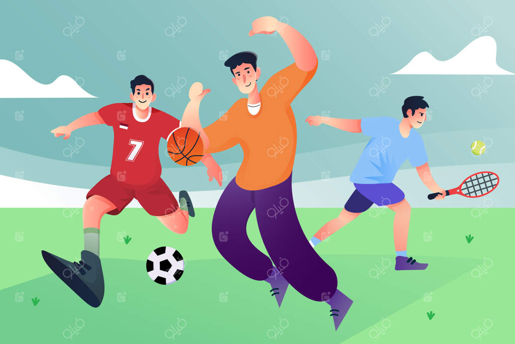 سه کودک در حال بازی در زمین: تنیس، فوتبال و بسکتبال - تصویر وکتور تخت