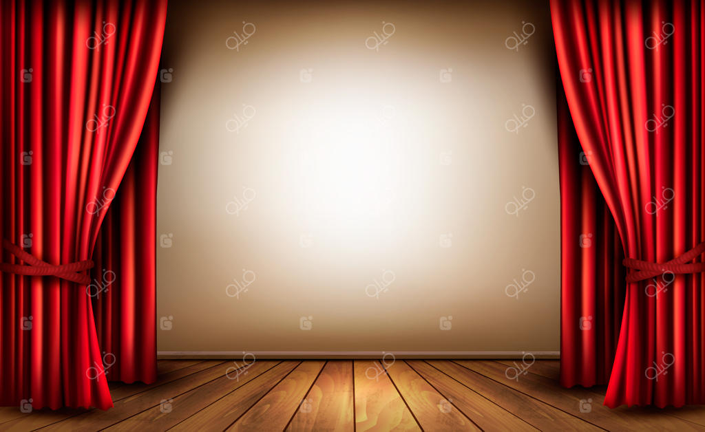 پشت‌زمینه با پرده مخملی قرمز و کف چوبی.