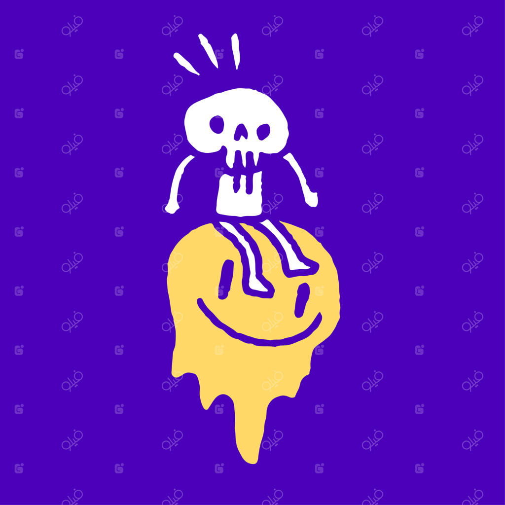 اسکلت نشسته بر چهره ذوب شده ایموجی - طراحی برای تی‌شرت و برچسب.