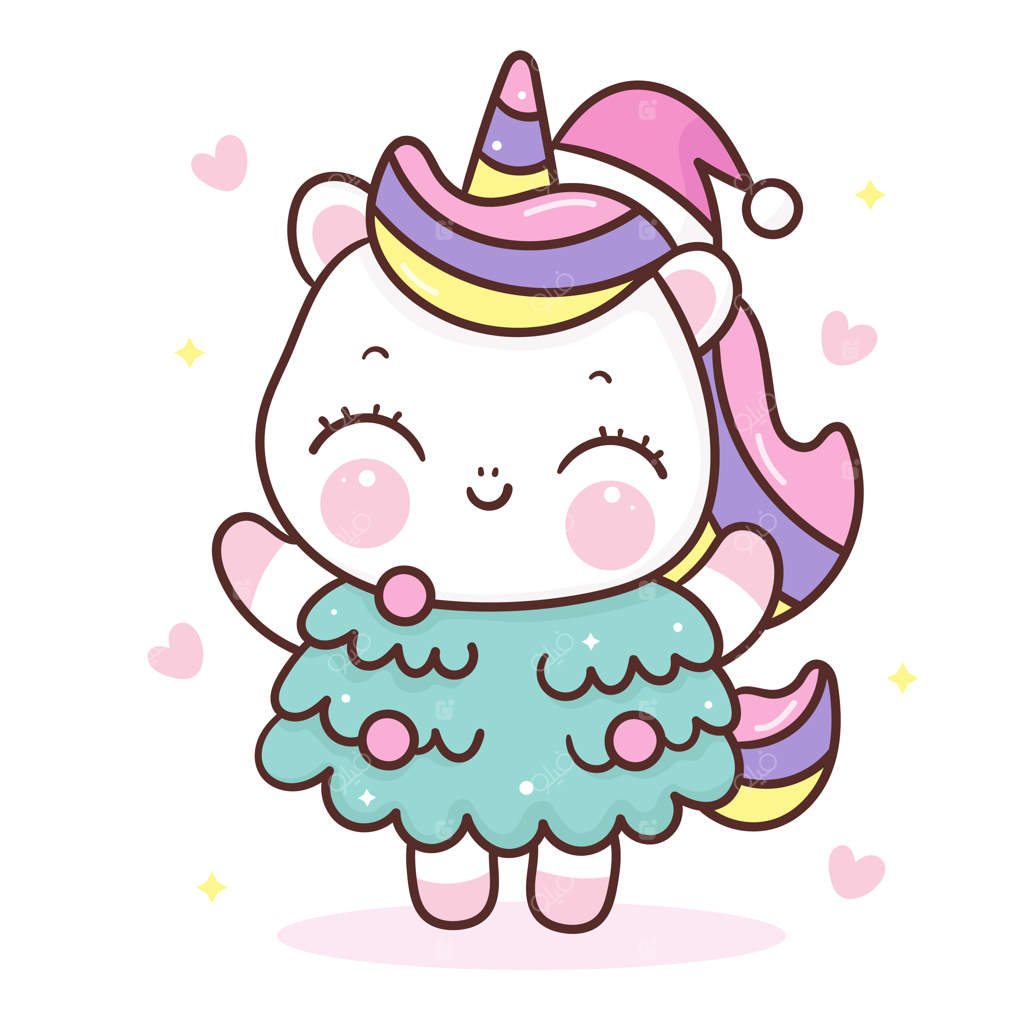 کارتون تک‌شاخ بامزه در لباس درخت کریسمس به سبک کاوایی