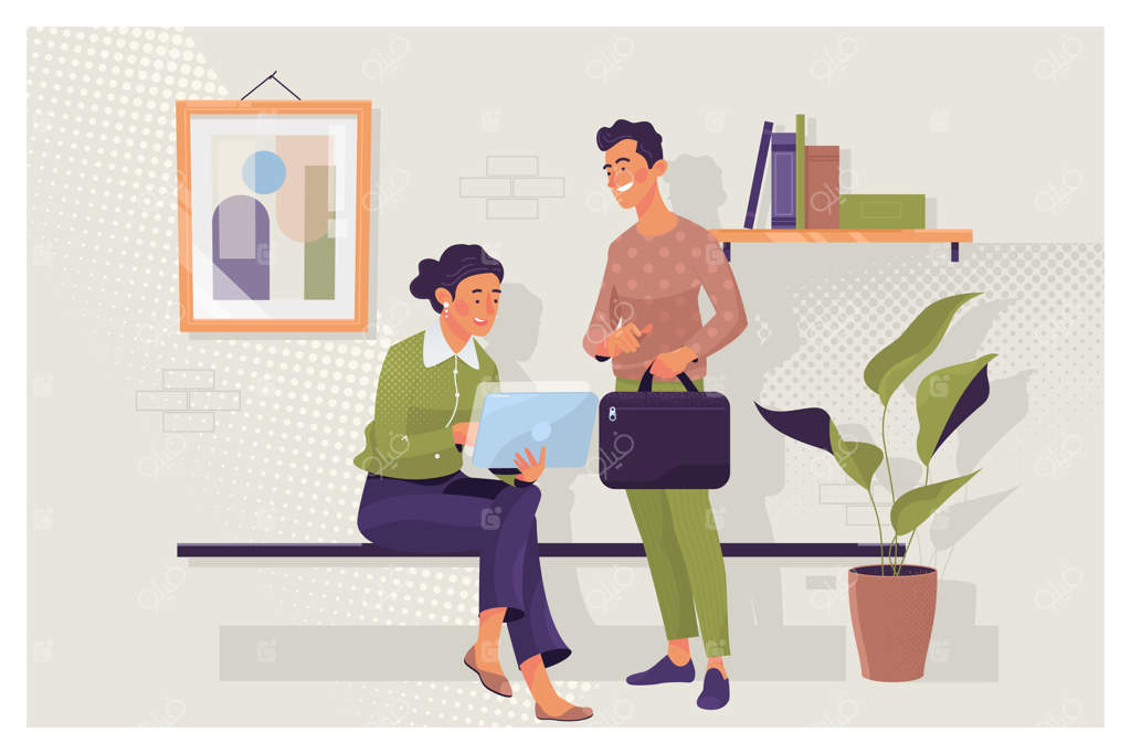 طراح گرافیک در حال اشاره با انگشت به لپ‌تاپ در همکاری با همکار قفقازی روی پروژه مشترک