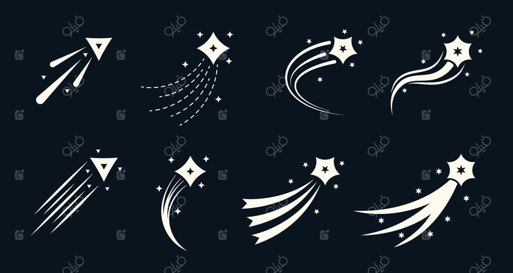 شبح‌های شهاب و ستاره‌های دنباله‌دار با رد نوری. مجموعه‌ای نوستالژیک از شهاب‌های پرنده و اشکال انتزاعی. طراحی کیهانی پویا با حرکتی جادویی.