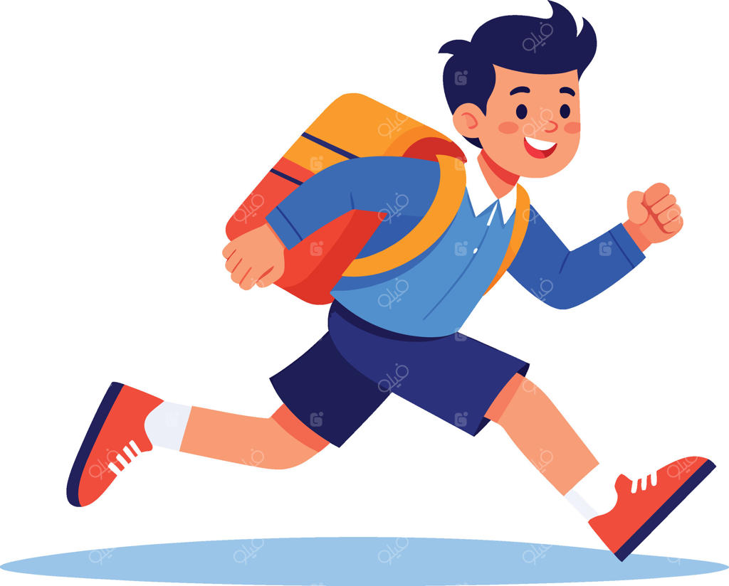 تصویرسازی تخت و گرافیکی از پسر دانش‌آموز شاد و پرانرژی با کوله‌پشتی در حال دویدن به سوی کلاس؛ با موضوع شوق تحصیل و بازگشت به مدرسه
