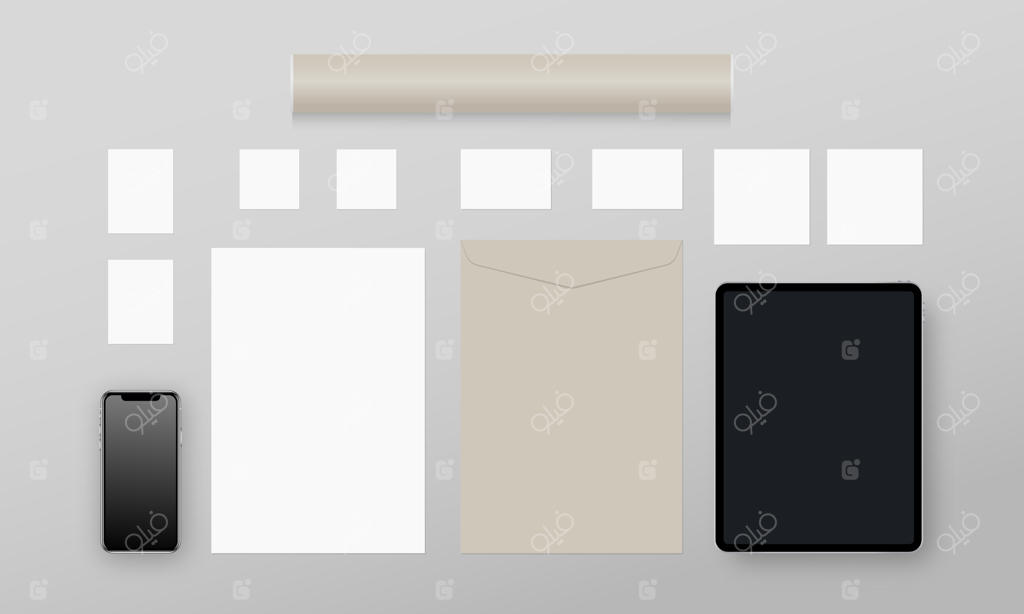 لوازم اداری: کاغذ، کارت ویزیت، کارت‌ها، پاکت نامه، تلفن همراه، تبلت، لوله کاغذی. مجموعه پترن هویت سازمانی واقعی.