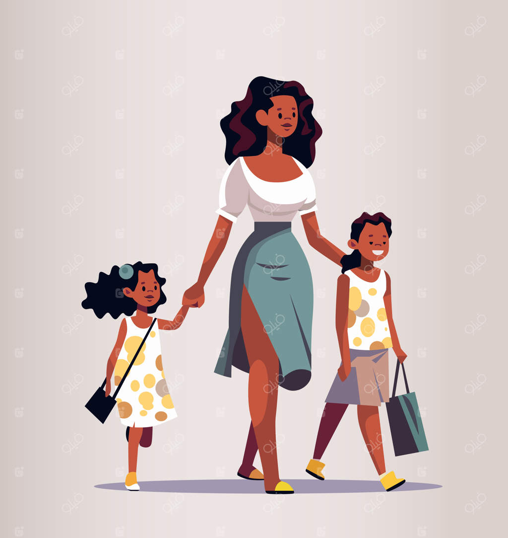 مادر و دختران کوچکش در حال قدم زدن، مادر دخترها را به مدرسه یا مهدکودک می‌برد، مادری و خانواده خوشحال