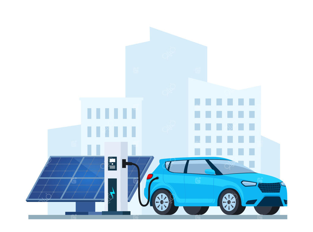 شارژ خودروی الکتریکی، نمای جانبی. پنل خورشیدی. چشم‌انداز شهری مدرن با آسمان‌خراش‌ها. حمل و نقل پاک و شهر دوستدار محیط زیست. تصویرسازی.
