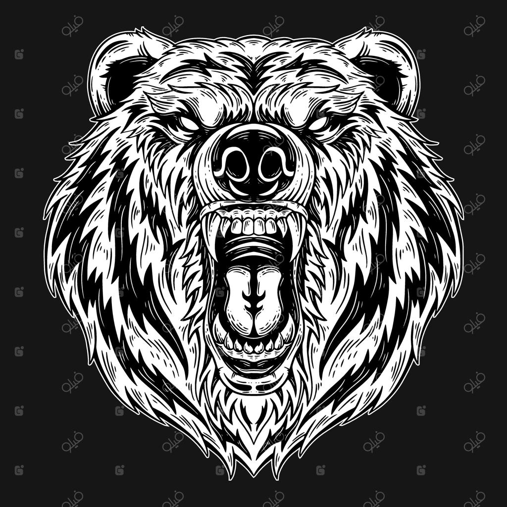 سر خرس هیولایی هنر تاریک به سبک هاشور دستی طراحی شده است