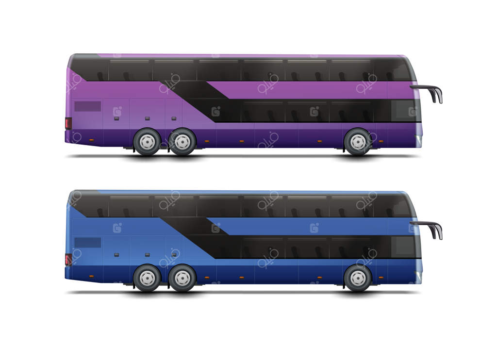 دو اتوبوس دوطبقه به رنگ‌های آبی و بنفش