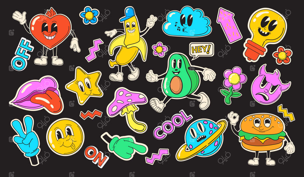 تصویرسازی وکتور کاراکترهای مدرن و بامزه شامل استیکرهای چهره کارتونی، میوه‌های خندان، آووکادو، همبرگر، موز و قلب - طراحی شیک و انتزاعی مناسب مهمانی