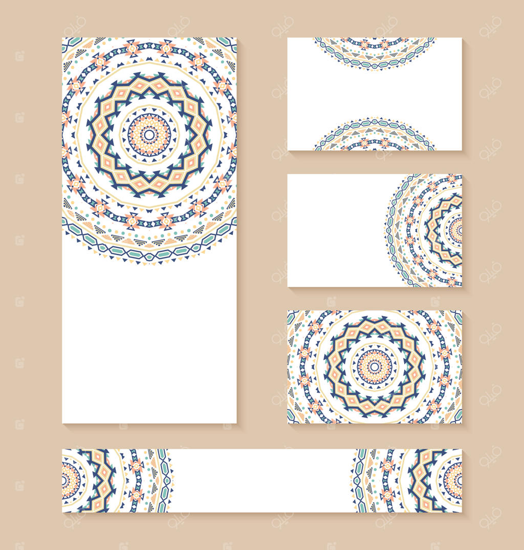 مجموعه‌ای از قالب‌های کارت ویزیت، بنر و کارت دعوت با طراحی قومی. پس‌زمینه‌های شیک و هندسی قبیله‌ای. تزئینات آزتکی.