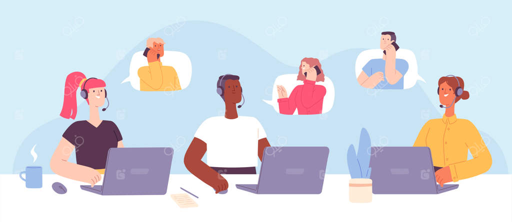 مرکز تماس: خدمات پشتیبانی مشتری با اپراتورهای زن و مرد، مجهز به هندزفری در میز پذیرش صحبت با مشتری. مفهوم خط داغ. تصویر مرکز پشتیبانی اپراتور، خدمات تلفنی