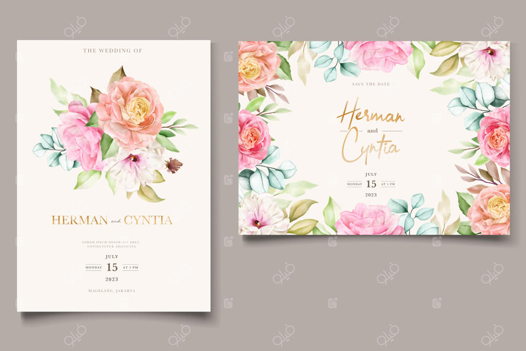 ست کارت دعوت عروسی با طرح گل‌ها و برگ‌های آبرنگی