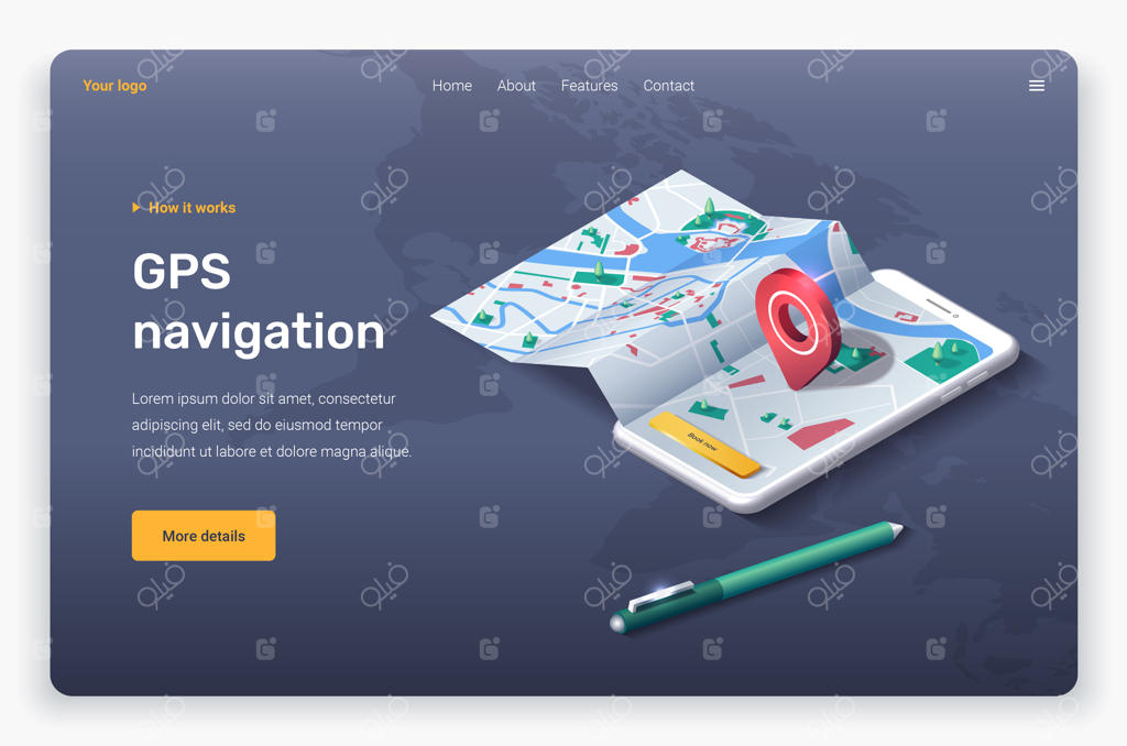 صفحه فرود طراحی شده با گوشی ایزومتریک، نقشه، نشانگر مکان و قلم