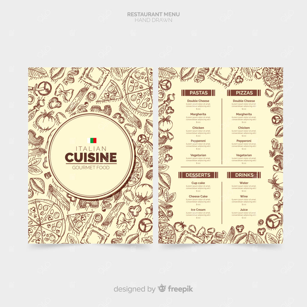 قالب منوی رستوران ایتالیایی با طراحی دستی