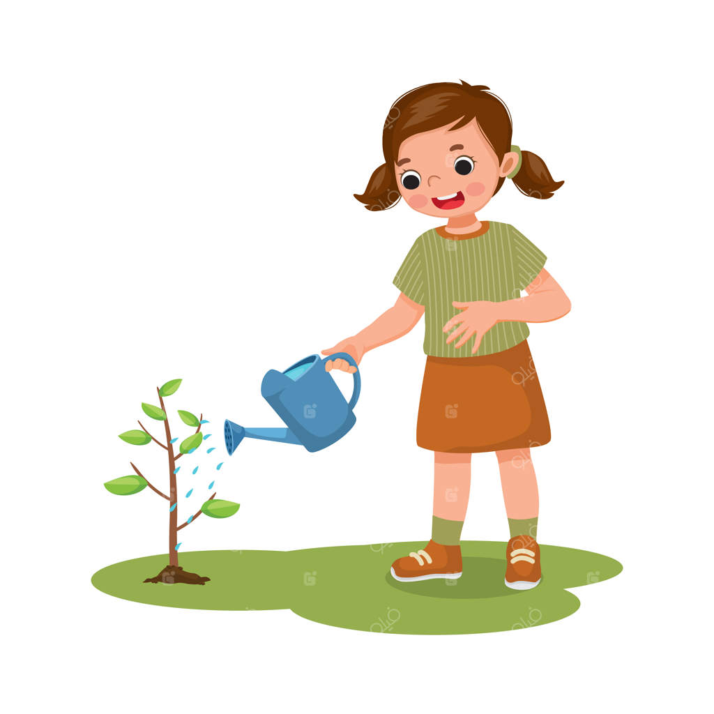 دختر کوچولوی دوست‌داشتنی با قوطی آب‌پاش در باغچه به گل‌ها آب می‌دهد