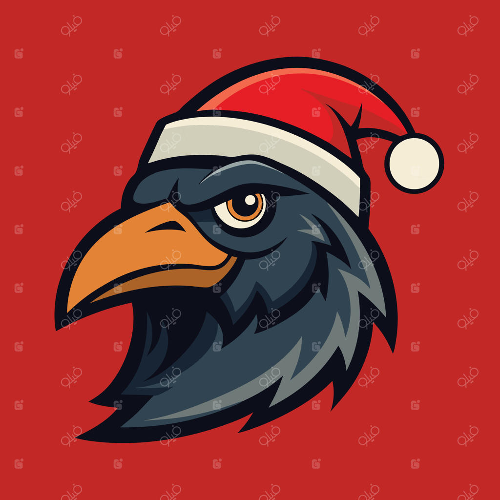 سر کلاغ کارتونی با کلاه بابا نوئل روی پس‌زمینه قرمز، ایده‌آل برای کریسمس، تعطیلات، زمستان، مناسبت‌های خاص، طراحی لوگو و کارت تبریک