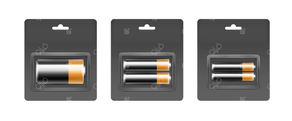 مجموعه‌ای از باتری‌های سیاه و زرد در بسته‌بندی خاکستری