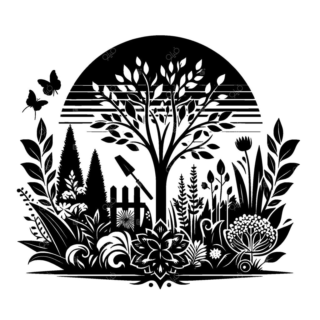 تصویرسازی باغ سیاه و سفید با درخت، بیل، پروانه‌ها، گل‌ها، گیاهان و حصار چوبی در پس‌زمینه‌ای از خورشید یا ماه.