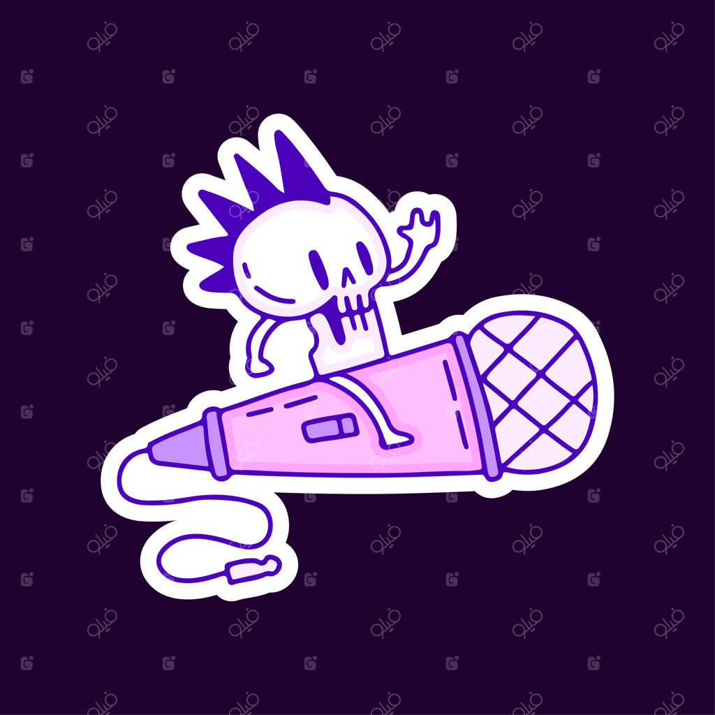 جمجمه پانک سوار بر میکروفون، تصویرسازی برای تیشرت و برچسب.