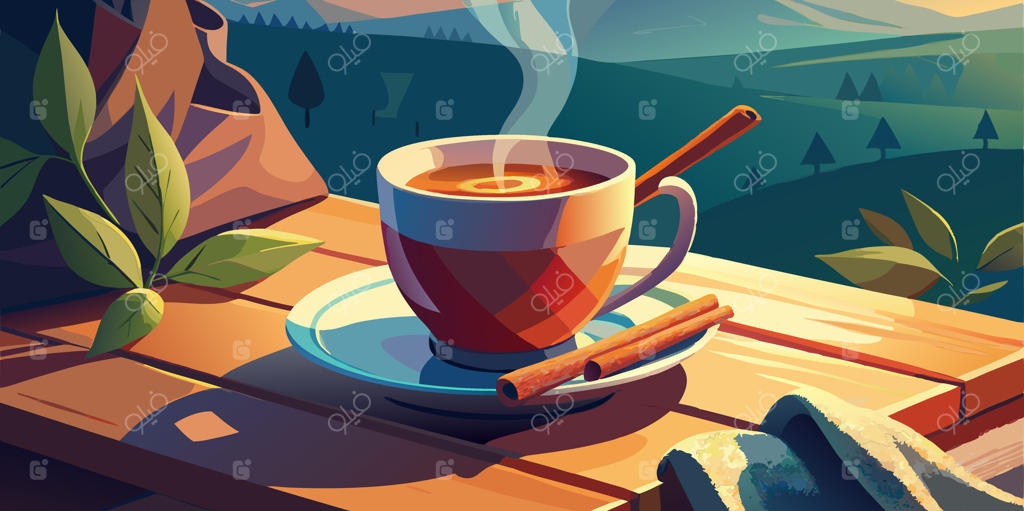 یک فنجان قهوه و چوب دارچین روی میز