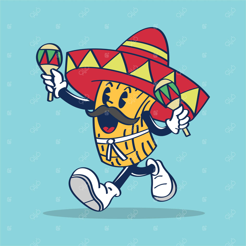 تصویر کارتونی تماله با کلاه مکزیکی و ماراکاس به صورت طراحی دستی