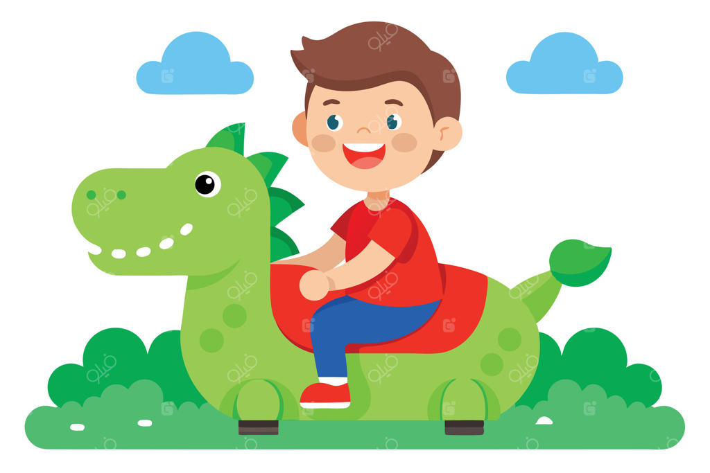 پسربچه سوار بر دایناسور فنری سبز کارتونی زیر ابرهای آبی