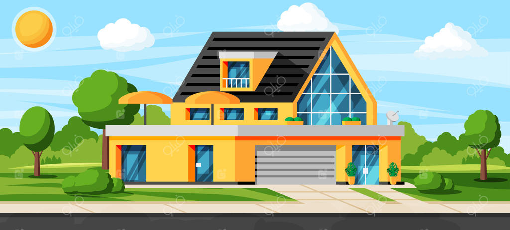 چشم‌انداز با کلبه مسکونی یا نمای بیرونی خانه روستایی. نمای ساختمان با درختان و باغ در حیاط جلو. خانه مدرن حومه شهر. مفهوم املاک و مستغلات. تصویرسازی کارتونی و مسطح