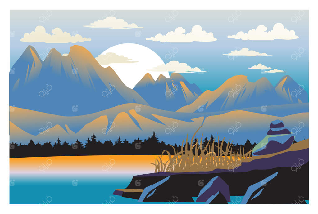 منظره کوه و دریاچه با درختان کاج