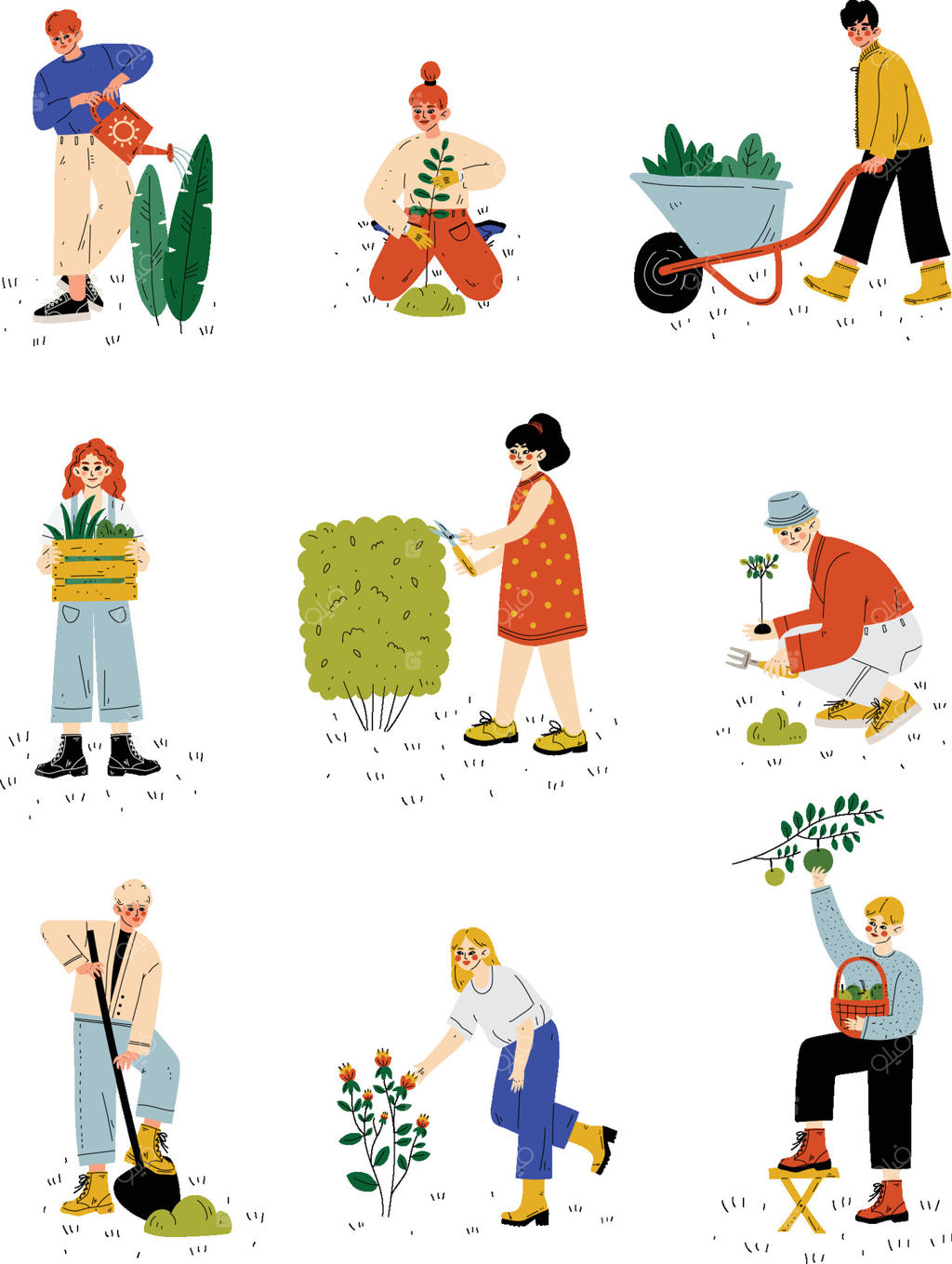 افراد مشغول کار در باغ یا مزرعه، دختران و پسرانی که نشا می‌کارند، به گیاهان آب می‌دهند و از آنها مراقبت می‌کنند، تصویرسازی