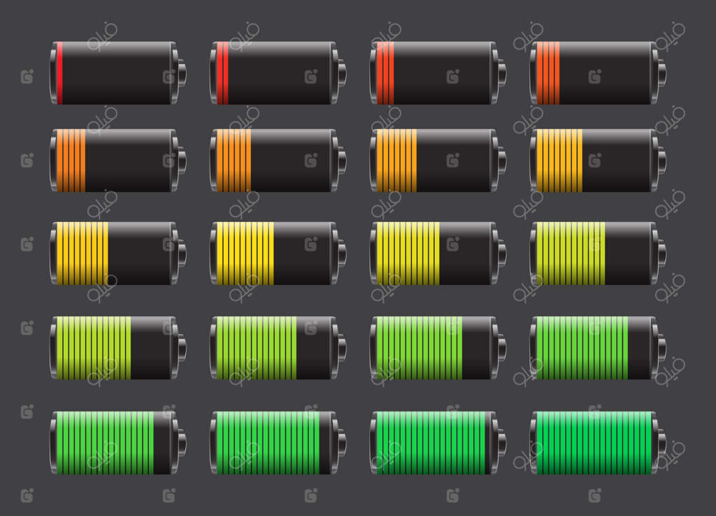 نمایش تصویری مجموعه باتری‌ها با سطح شارژهای مختلف: دوام باتری، انبار انرژی، اخطار باتری ضعیف، و وضعیت شارژ مجدد باتری.