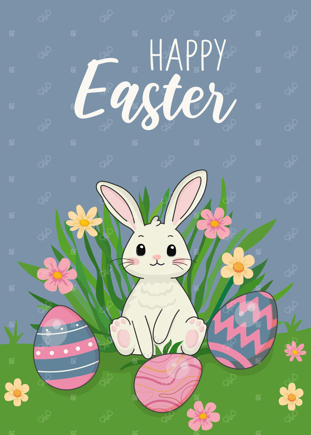 کارت تبریک با خرگوش ناز و گل‌ها و تخم‌مرغ‌ها در باغ سبز