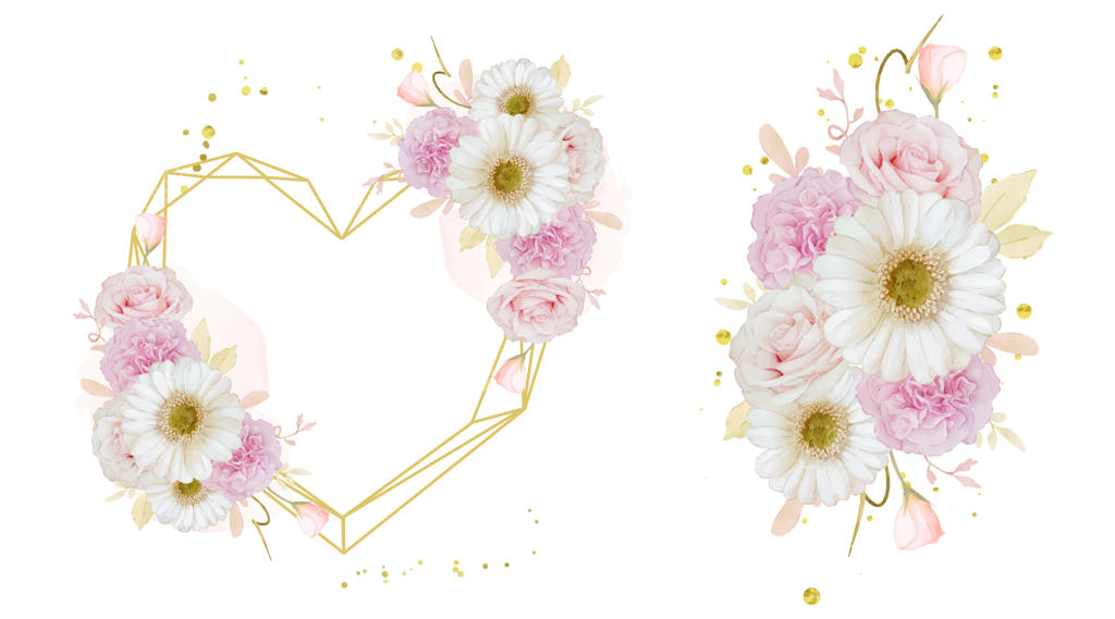 قاب عاشقانه با گل‌های رز آبرنگی و ژربرای سفید