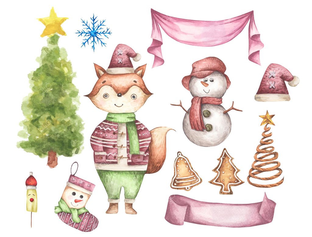 مجموعه‌ای از تزئینات کریسمس: عناصر آبرنگی روی زمینه سفید