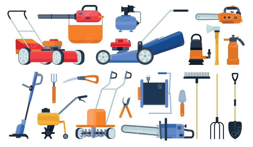 ابزارهای صاف باغبانی، تجهیزات، چمن‌زن و علف‌بر. ابزارهای برقی باغبانی، اره زنجیری، کلوخ‌شکن، سمپاش و مجموعه بردار ماشین برش برس