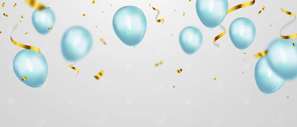 بنر جشن با پس‌زمینه بادکنک‌های آبی. فروش ویژه. کارت افتتاحیه باشکوه و شیک.