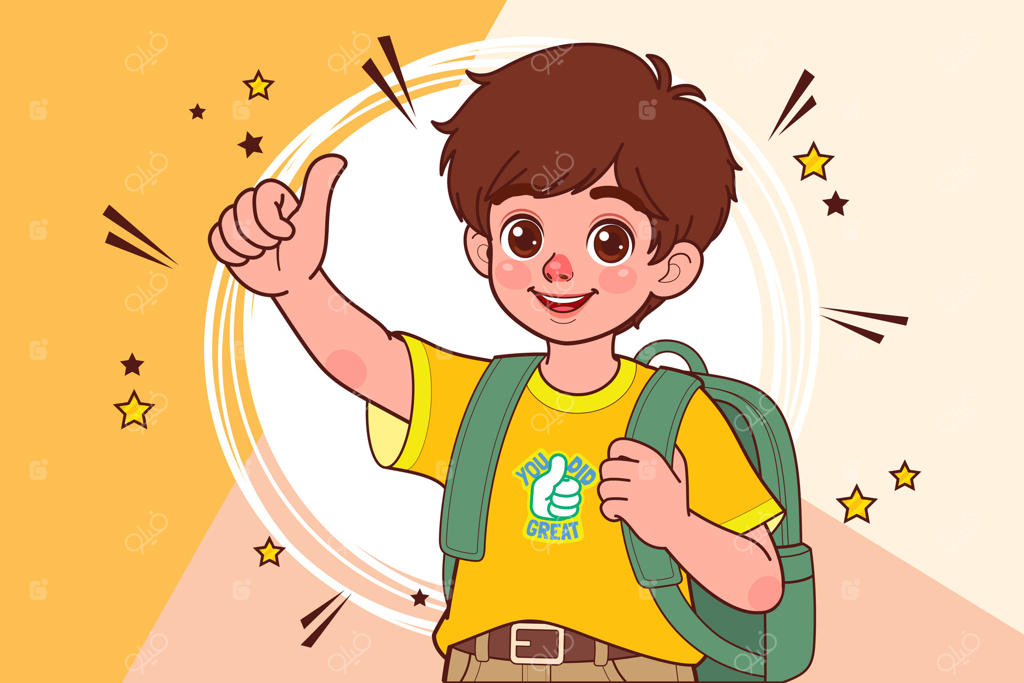 تصویرسازی کارتونی پسربچه دانش‌آموز در حال نشان دادن علامت تأیید با انگشت شست