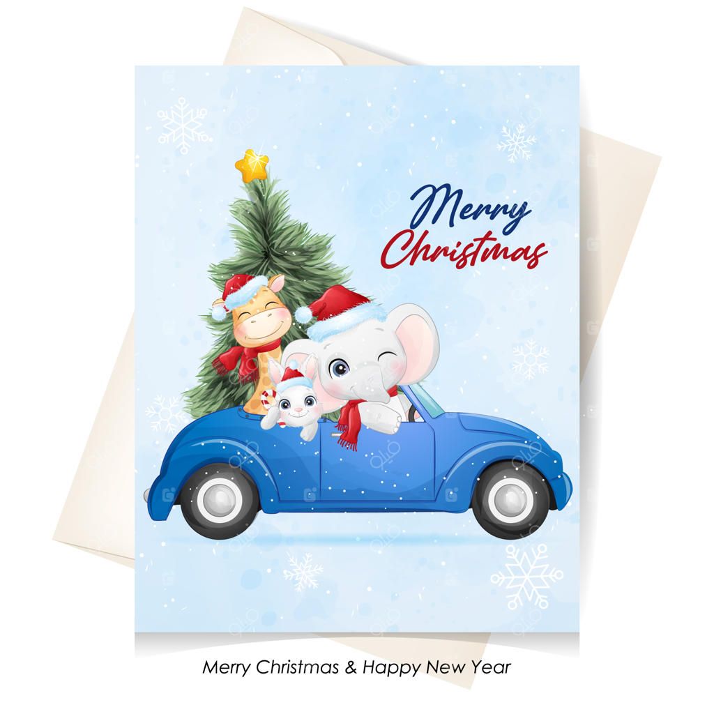 حیوانات بامزه برای کریسمس با تصویرسازی آبرنگی