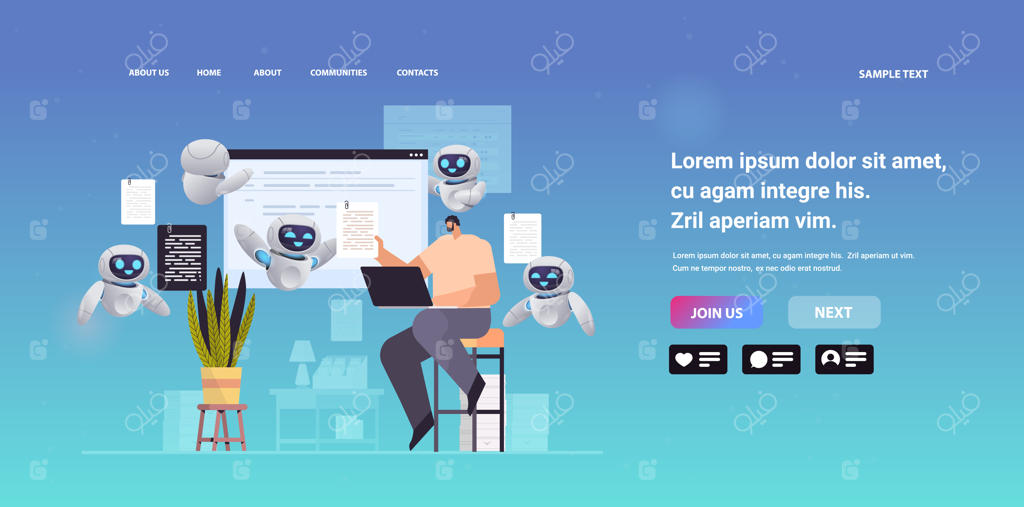 تصویرسازی وکتور مرد و ربات‌های ویراستار در حال کپی‌رایتینگ و صحت‌سنجی محتوا با لپ‌تاپ؛ نمای تمام‌قد افقی با فضای خالی برای متن