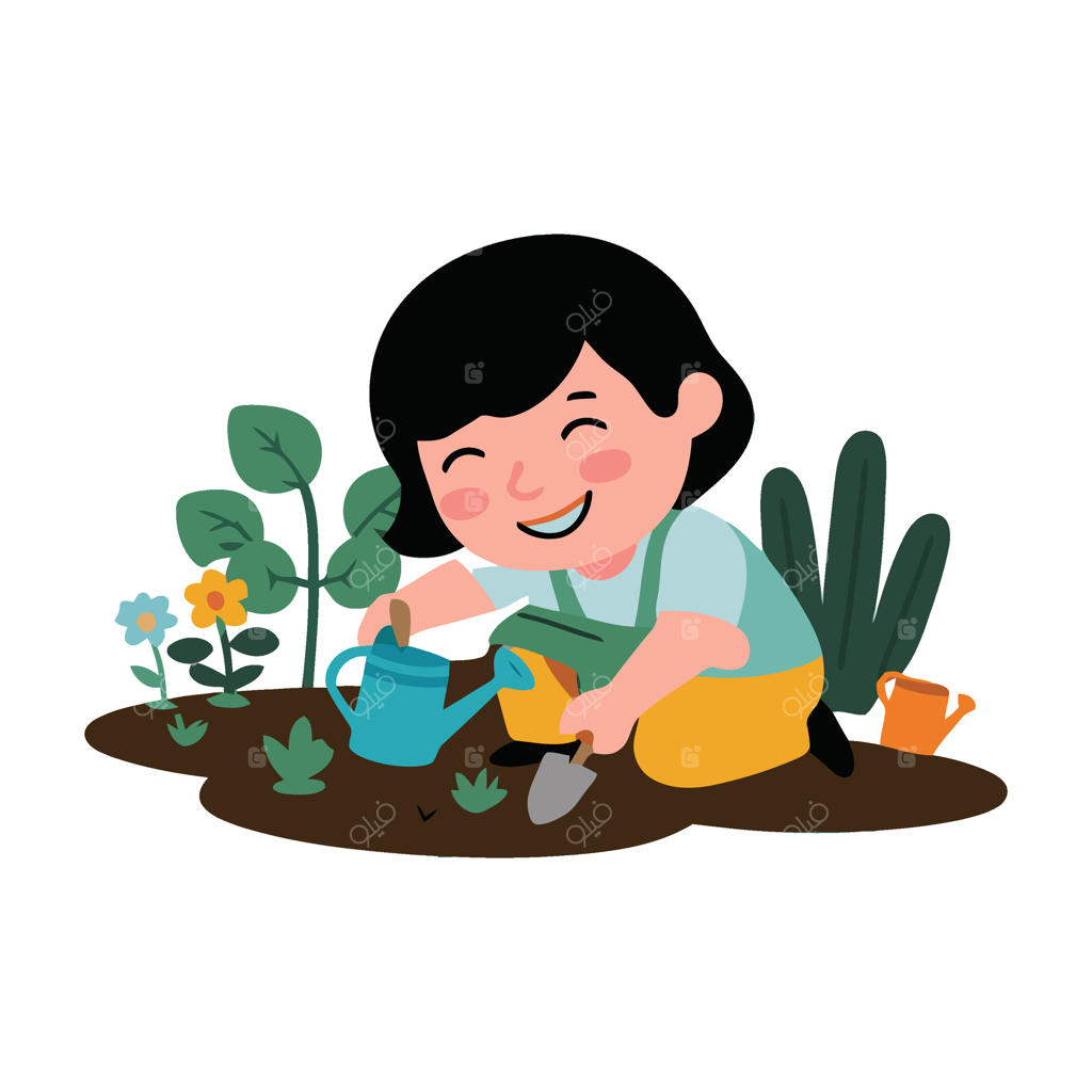 دختربچه‌ای در حال آب دادن به گیاهان باغچه است