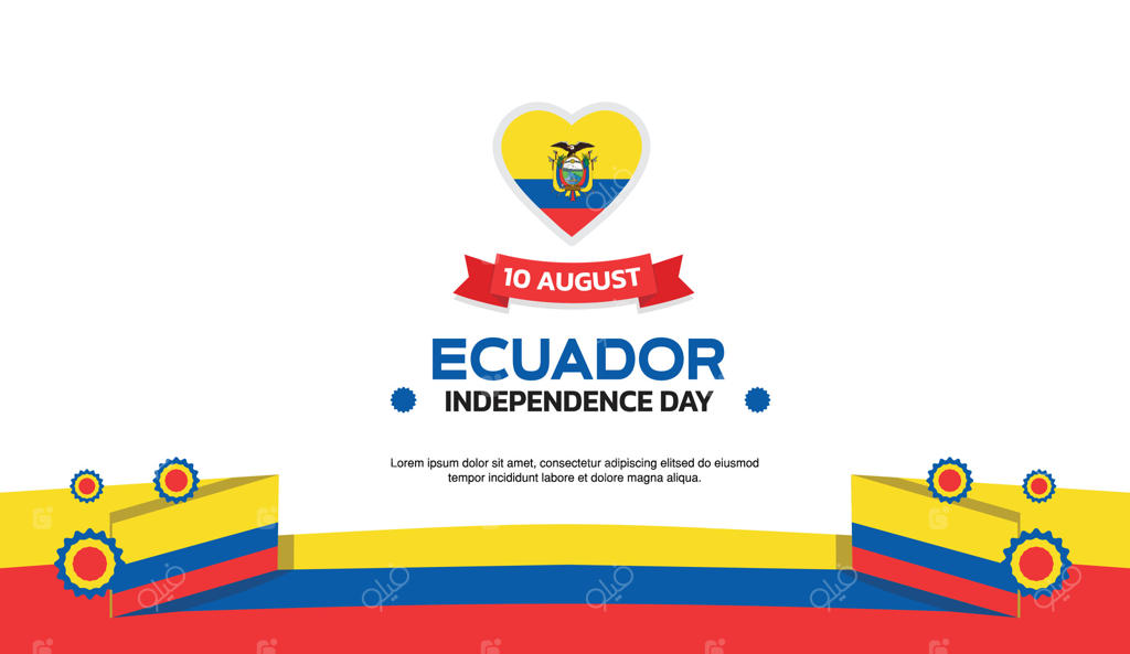 طرح روز استقلال اکوادور، قالب مینیمالیستی با عناصر طراحی مربوط به 10 اوت با قلب و روبان در قسمت پایین، نقشه و پرچم اکوادور به صورت پوستر و بنر