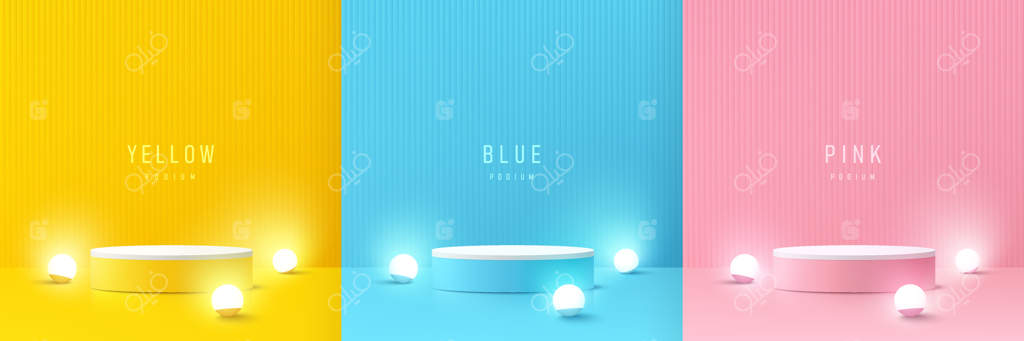 مجموعه‌ای از پدستال‌های استوانه‌ای واقع‌گرایانه زرد، آبی و صورتی با توپ‌های نورانی و لامپ نئون