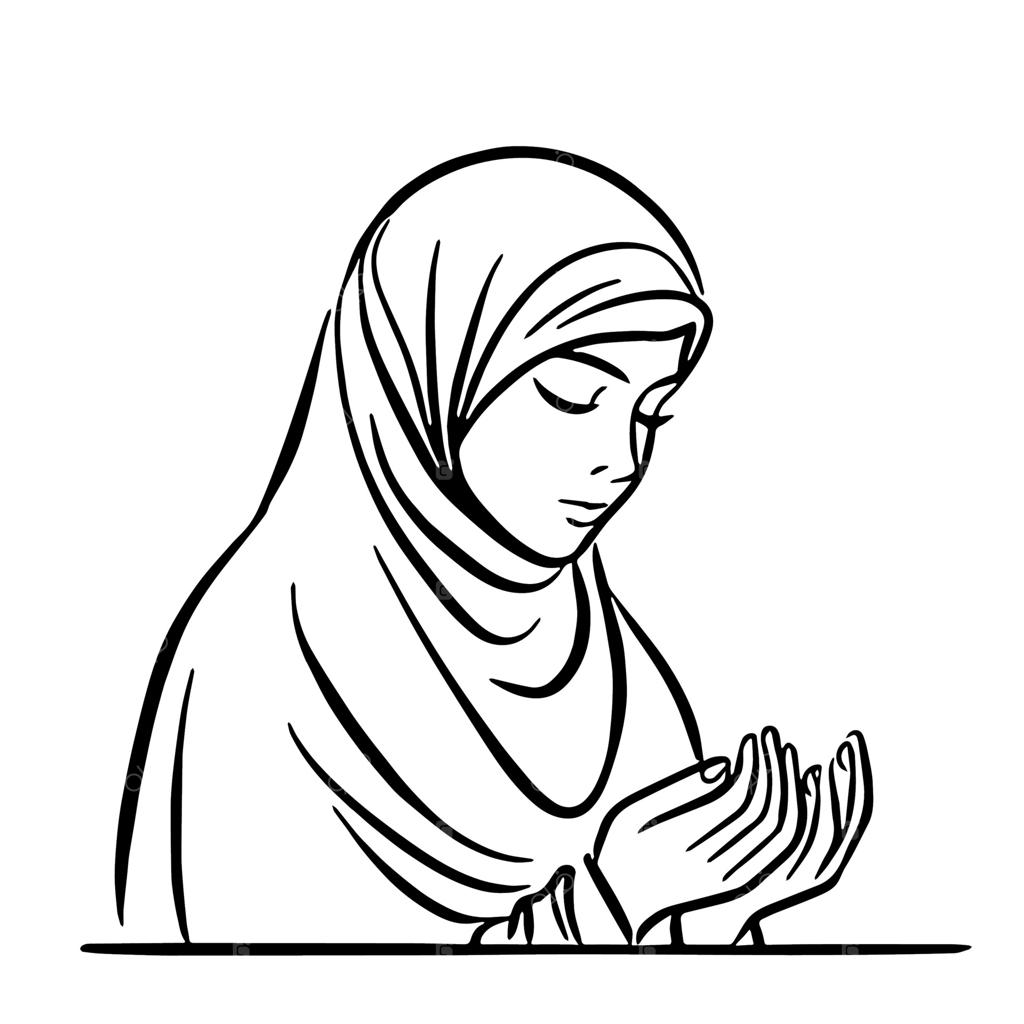 تصویر ساده‌ای از یک زن مسلمان در حال دعا، به سبک نقاشی خطی