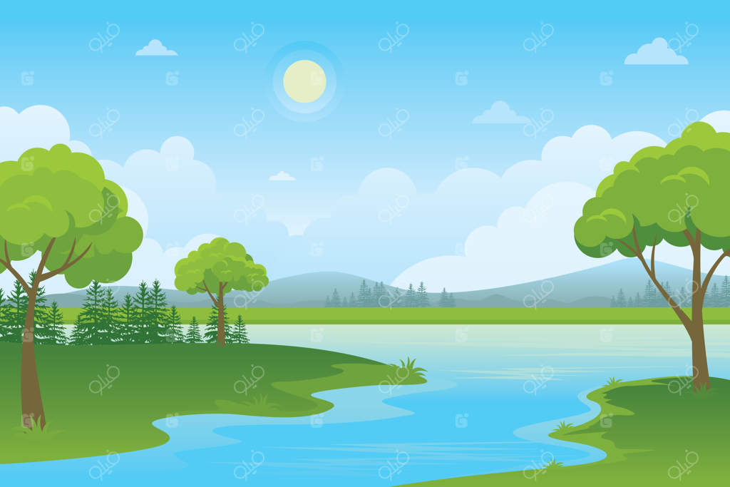منظره کارتونی با دریاچه: چشم‌انداز طبیعی و روستایی