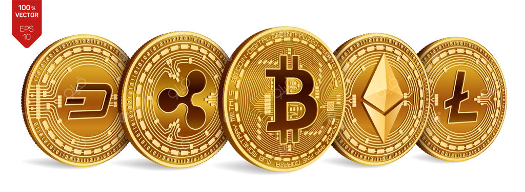 بیت‌کوین. ریپل. اتریوم. دش. لایت‌کوین. سکه‌های فیزیکی سه‌بعدی. ارز دیجیتال.