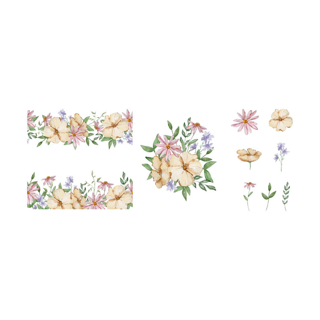 حاشیه‌ای با گل‌ها و برگ‌های باغ به سبک آبرنگ